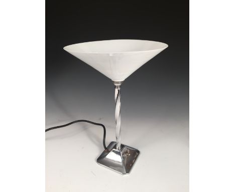 An Art Deco chrome table lamp, the flared shallow conical shade supported on a twisted square column and spreading foot 37cm 