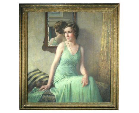 § Bertram Priestman, RA, ROI, NEAC, IS (British, 1868-1951) Portrait of Miss Kathleen "Billy" Bell, half length, in a green d