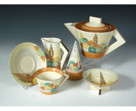 A Clarice Cliff Green Capri pattern conical tea service, comprising teapot and cover, milk jug, sugar basin, sugar sifter, te