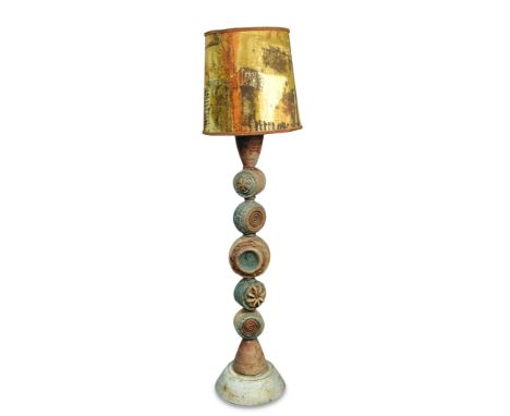 Bernard Rooke (British, b. 1938), a large sectional stoneware lamp and period shade, the eight section column with abstract d