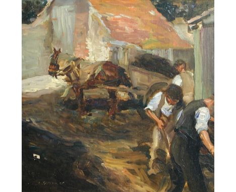 § Steven Spurrier, RA, ROI, RBA (British, 1878-1961) Cleaning the yard signed lower left "Spurrier" oil on board 38 x 38cm (1
