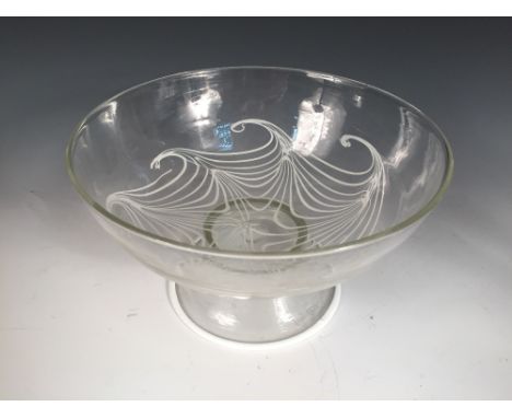 A Gray-Stan glass footed bowl, the clear glass bowl with applied white enamel slip decoration, etched mark 15 x 25cm (6 x 10i