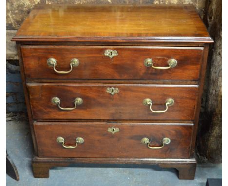 A late 18th century mahogany chest of three long graduated drawers, raised on shaped bracket feet, 83 cm w x 80 cm h x 44 cm