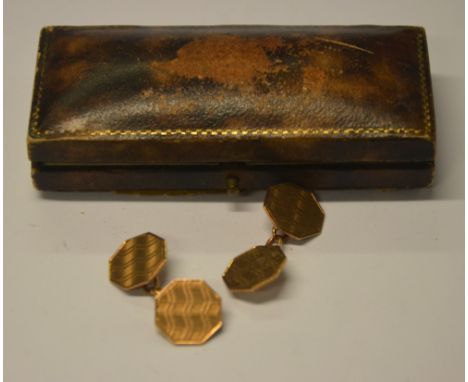 Pair of 9ct rose gold octagonal engine turned cufflinks, chain linked, in box supplied by Bravingtons, approx 6g