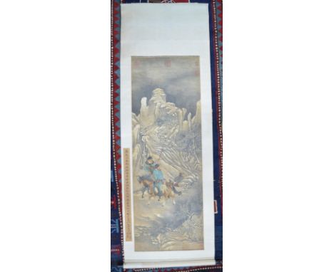 A Chinese scroll picture of three hunters, travelling through a mountainous landscape during Winter; the mount with single li