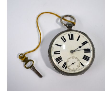 A Victorian silver pocket watch with keywind lever movement and enamel dial with subsidiary seconds dial, engraved case, Lond