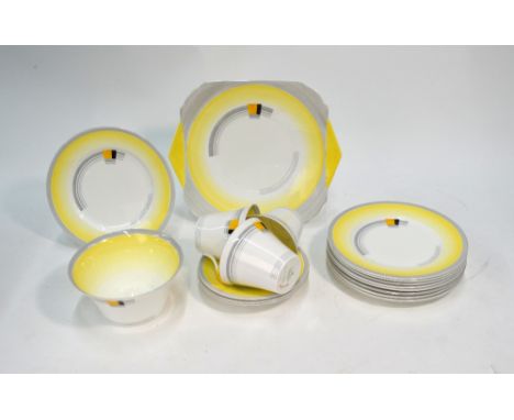 A Shelley Art Deco yellow and grey part tea service, pattern W12128/W, Regent shape, comprising: a Square cake plate, nine 17