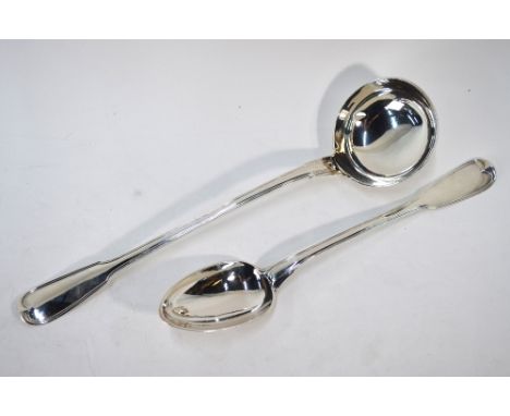 An 18th century French fiddle pattern soup ladle and matching basting spoon, Paris Assay, 16 oz Condition Report Marks obscur