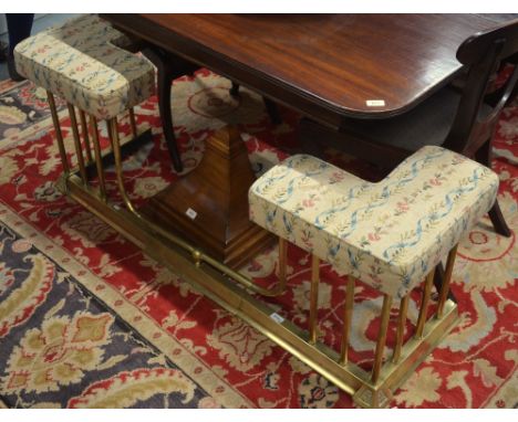 A pair of vintage brass railed club fenders with over-stuffed corner seats (differing), 133 cm w (smallest) x 41 x 50 cm high