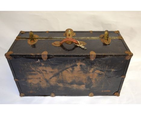 A large japanned metal trunk, to/w a canvas and wood bound travel trunk (2)