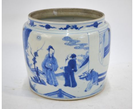 A Chinese blue and white jar or other vessel, decorated on the exterior with two panels of scholars; one panel depicting thre