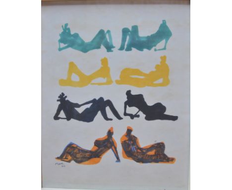 ** After Henry Moore (1898-1986) - Eight reclining figures, lithograph in colours, 1962, 36 x 28 cm, Rowley Gallery framing l
