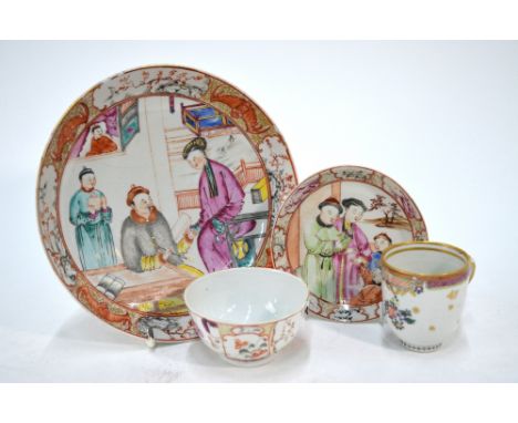 Four pieces of famille rose, Chinese Export Porcelain, comprising: a circular dish decorated with a ManchuChinese scholar hol