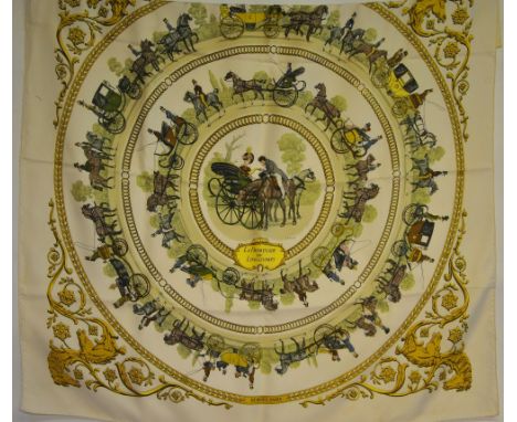 A Hermes silk scarf - 'La Promenade de Longchamps' designed by Ledoux, complete with original box, 90 x 88 cm   Condition Rep