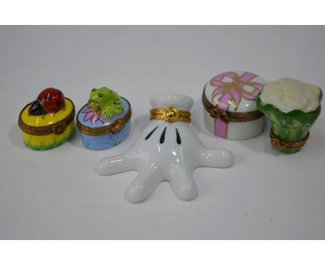 Five various Limoges porcelain novelty patch-boxes including a Dubarry Disney Mickey Mouse hand, Dubarry bunch of asparagus, 