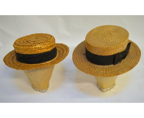 A vintage straw hat 'Dulcis Make', another straw hat, an 'Olney' folding Panama hat in cylindrical box, a crewel-worked velve