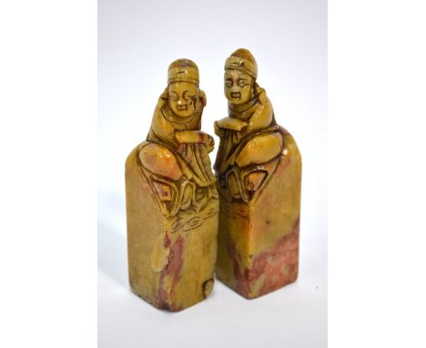 A pair of soapstone seals, each one designed with seated scholar finial; 10 cm high. One with old label (2) Condition Report 