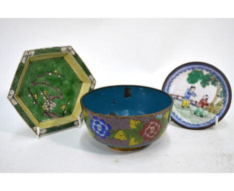 A Canton enamel circular dish with Qianlong four-character mark, but not of the period; together with a susancai dish of hexa