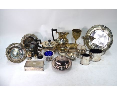 A quantity of electroplated wares, including four piece tea/coffee service and other tea wares, muffin dish, trophy cups etc 