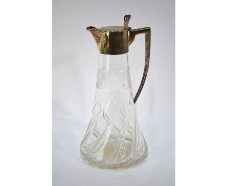 An Edwardian cut and moulded glass claret jug with writhen flared base and silver collar, cover and handle, William Hutton & 