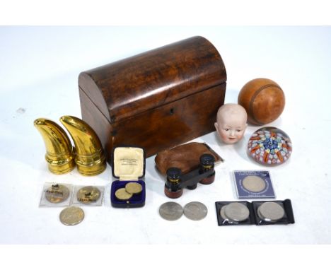 A pair of heavy brass 'tusk finials', 12.5 cm long, to/w various other collectables, including a bisque baby doll's head, mil