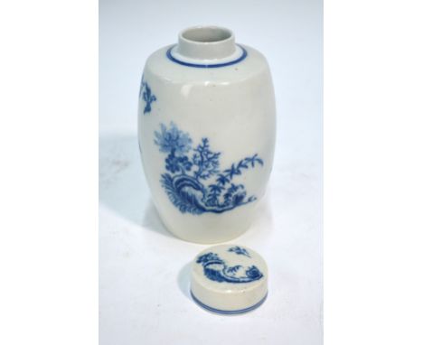An 18th century Caughley blue and white ovoid tea caddy and cover, decorated with the fence pattern and two other Chinoiserie