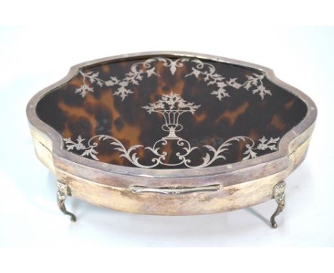 A silver, tortoiseshell and pique-work trinket box with velvet lining, on chased cabriole supports, E S Barnsley & Co, Birmin