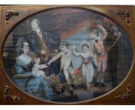 Manner of Reynolds or Gainsborough - Oval portrait of a family group, pastel, 69 x 95 cm