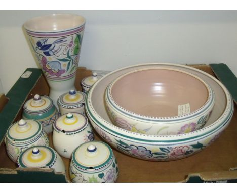 Selection of Poole Pottery including large vase, two large shallow bowls and various condiment pots