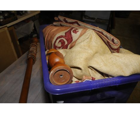 Lightwood curtain pole and a large pair of lined tapestry style curtains, pelmets etc 