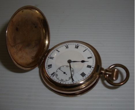 Gold plated full hunter pocket watch stamped (10 carat gold filled) with enamel dial with secondary dial, the case stamped 45