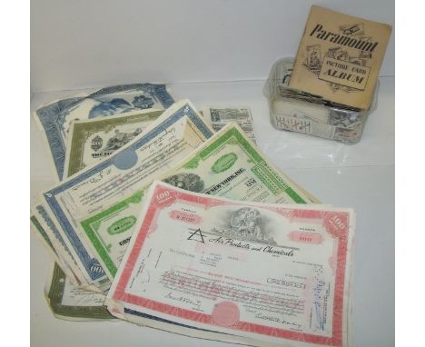 Small selection of cigarette cards, Paramount album containing cards depicting cars and selection of share certificates