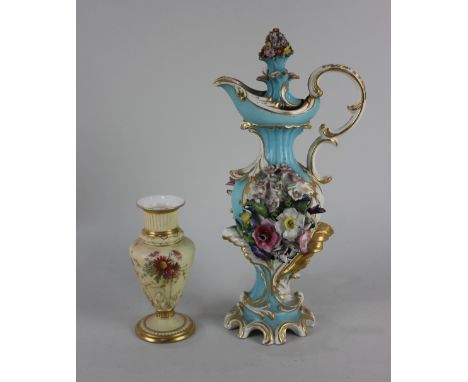 A 19th century porcelain flask and stopper, probably Derby, with floral encrusted decoration on turquoise and white ground wi