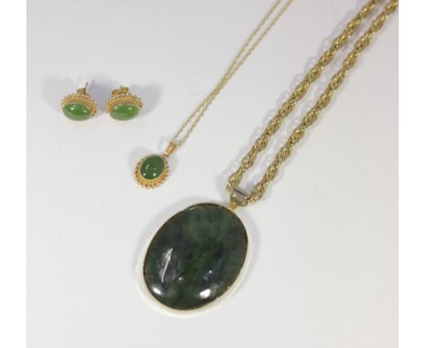 A 9ct gold jade pendant necklace and matching stud earrings, together with an oval green pendant on yellow metal chain