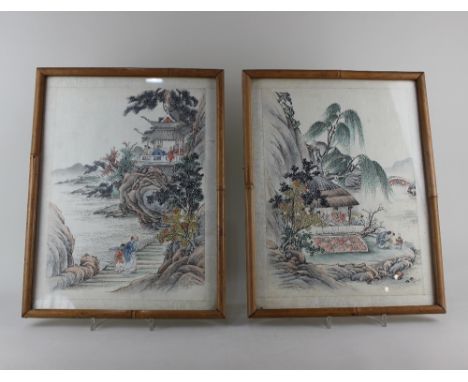 Two framed Chinese pictures on silk, both depicting scenes of figures beside a coastline panel 34.5cm by 25cm
