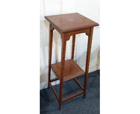 An Edwardian mahogany inlaid jardiniere stand with square top and under shelf on slender square tapered legs 30.5cm