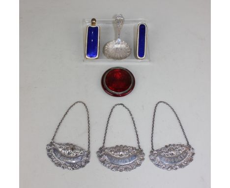 Three silver decanter labels for whiskey, sherry and brandy, London 1968,  Victorian silver shell shaped caddy spoon, John Di