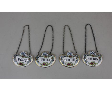 Four Coalport porcelain decanter labels for whisky, port, sherry and scotch