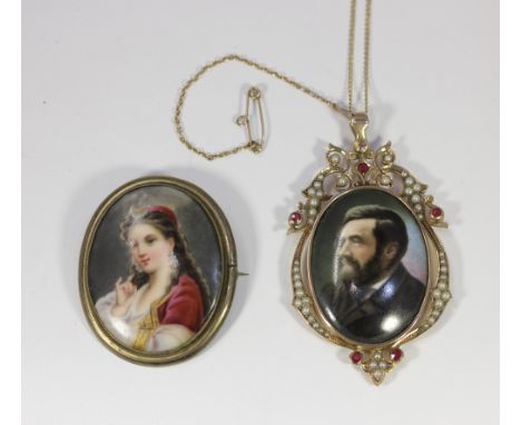 A Victorian red gem and seed pearl set pendant with central oval portrait in unmarked yellow metal mount, on a 9ct gold neck 