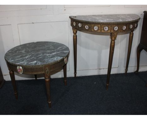 A reproduction French style coffee table and console table, both with faux marble top above border set with porcelain plaques