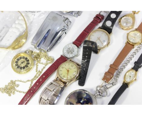 An Ingersoll pendant watch on a gold plated chain (a/f) and one other, together with ten wristwatches, novelty fob watch, Cav