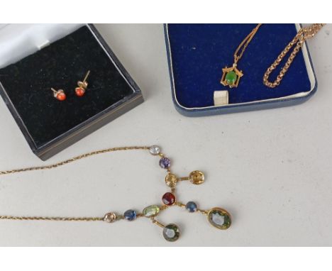 A jade pendant necklace and chain, a gemset drop necklace, and a belcher chain with a pair of hardstone ear studs
