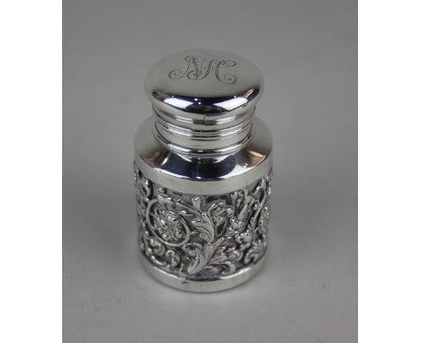 A Victorian silver mounted glass travel inkwell hinged top with engraved initial and scroll banded decoration, maker Sampson 