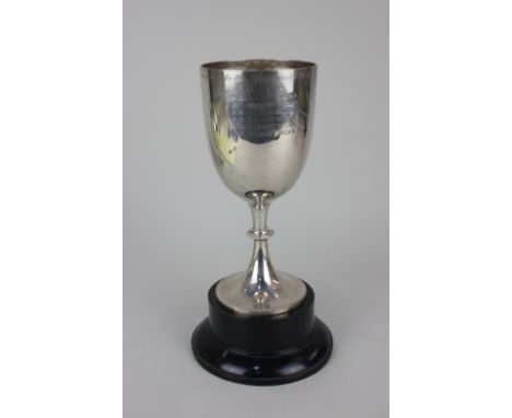 An Edward VII silver trophy goblet with presentation inscription 'to the Staplefield Boy Scouts' on knopped stem and ebonised