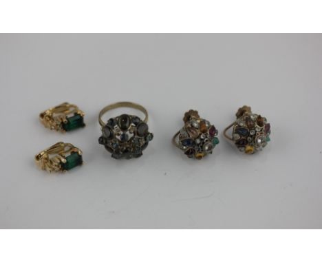 Green tourmaline ear clips marked 'Christian Dior, Germany' with a gemset dress ring and similar set of screw fitting earring