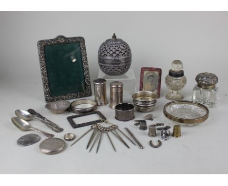 An Edward VII silver topped glass inkwell London 1901, 5.5cm together with a wide assortment of silver items to include an 80