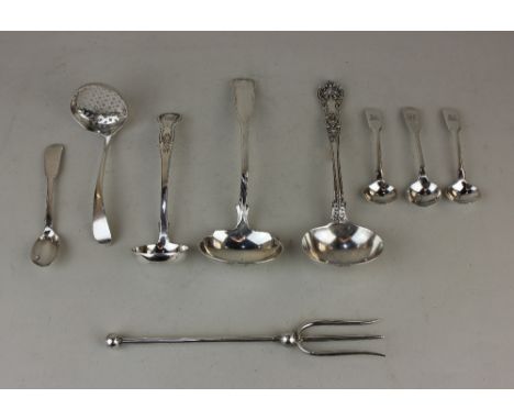 A Victorian silver Kings pattern sauce ladle Scottish silver ladle, Edinburgh 1898, a pair of George VI silver salt spoons a 