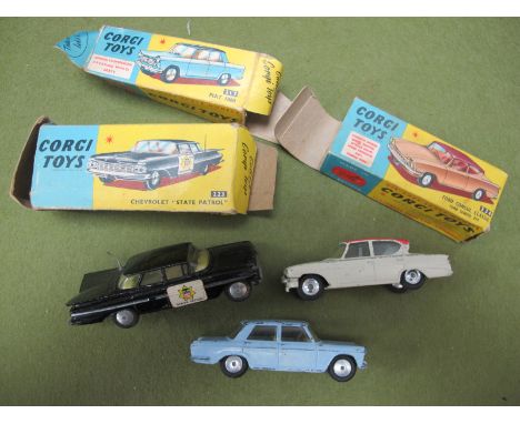 Three Corgi Toys Diecast Model Cars, comprising of #217 Fiat 1800 light blue with lemon interior, many faults to paint work, 