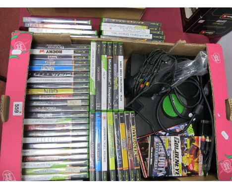 An Original Circa 2003 Microsoft X Box Games Console, one controller, cables (untested), together with forty plus X  Box game