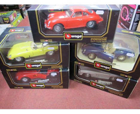 Five Boxed 1:18th Scale Diecast Model Vehicles by Burago, comprising to COD.301 Ferrari 250 GTO (1962), COD 3013 Mercedes Ben